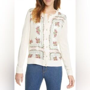 Tory Burch SILK Cream Garden Veil Printed Floral Cardigan With Pearl Buttons L